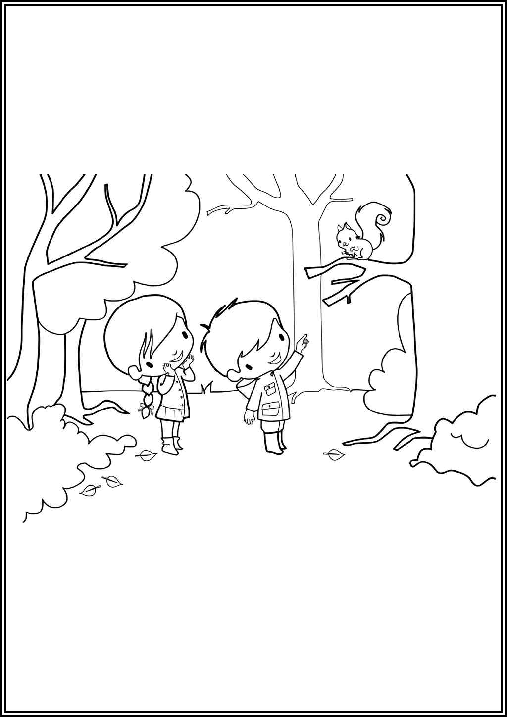 Boy And Girl Saw A Squirrel In The Forest Coloring