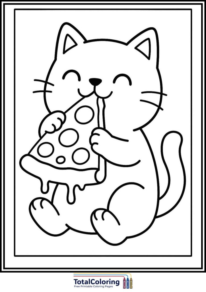 cat eating pizza coloring page