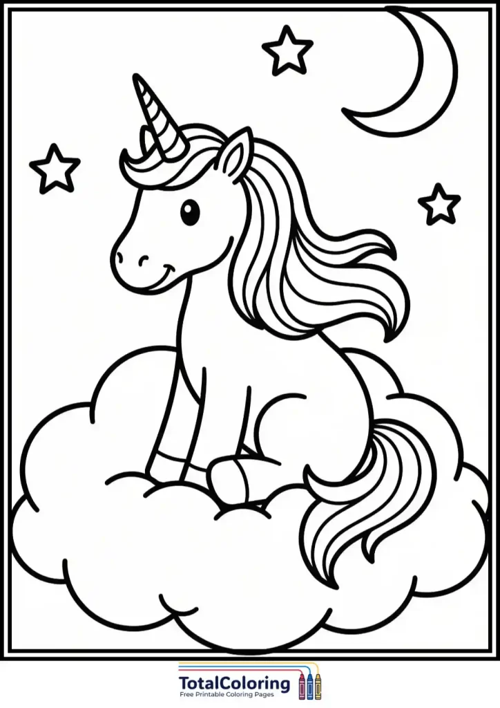 cute unicorn on cloud coloring page
