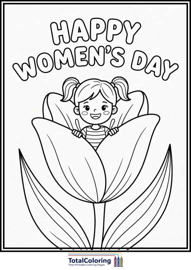 happy womens day cat with rose coloring page