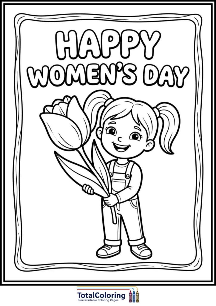 happy womens day girl waving coloring page