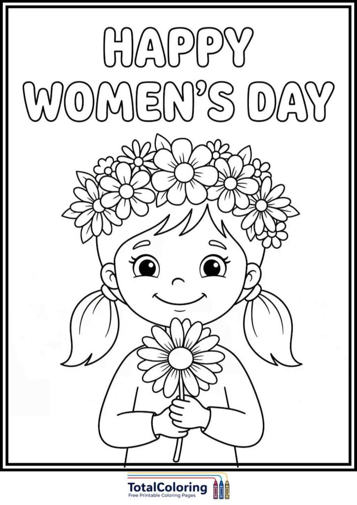 happy womens day girl with bouquet coloring page
