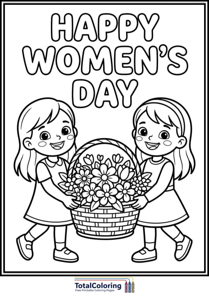 happy womens day girls flowers coloring page