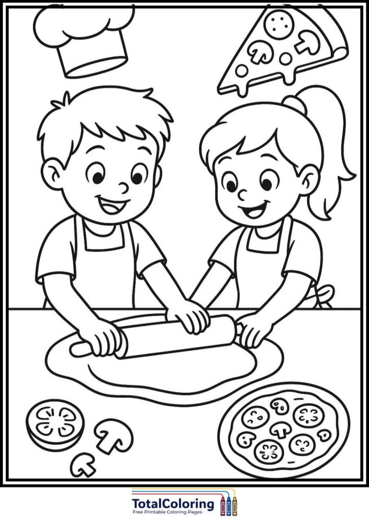 kids making pizza dough coloring page