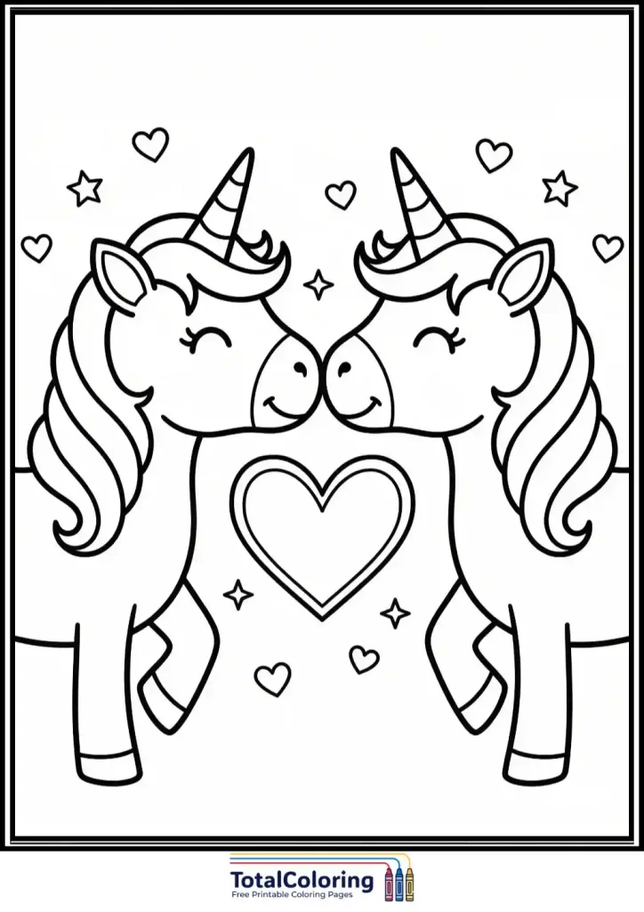 two unicorns kissing coloring page