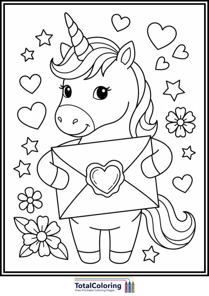 unicorn holding love letter envelope