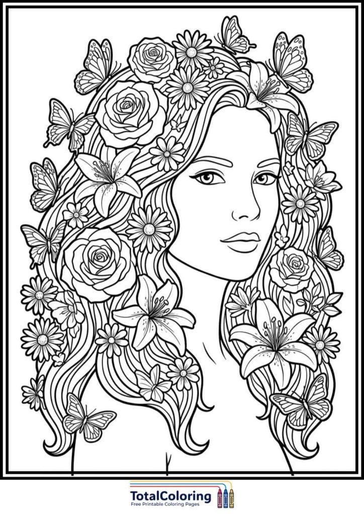 womens day floral portrait coloring page