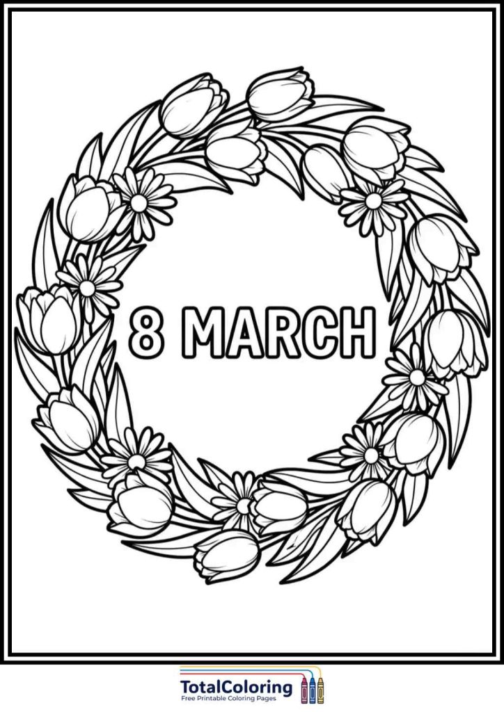 womens day wreath march coloring page