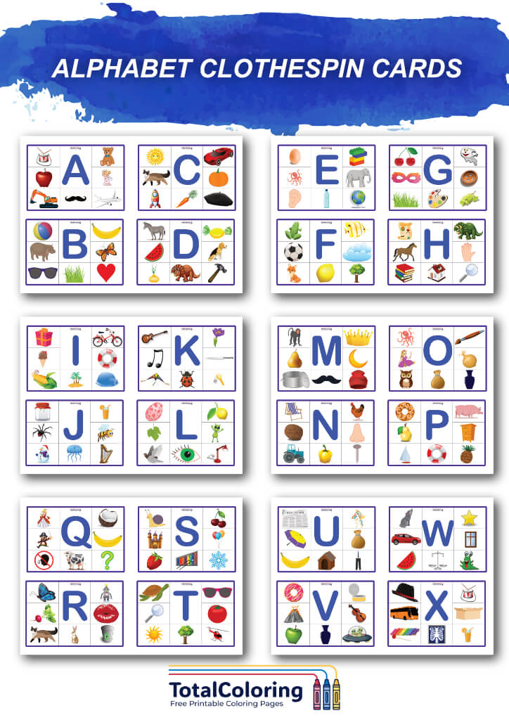Aplhabet clothespin cards. Free printable PDF