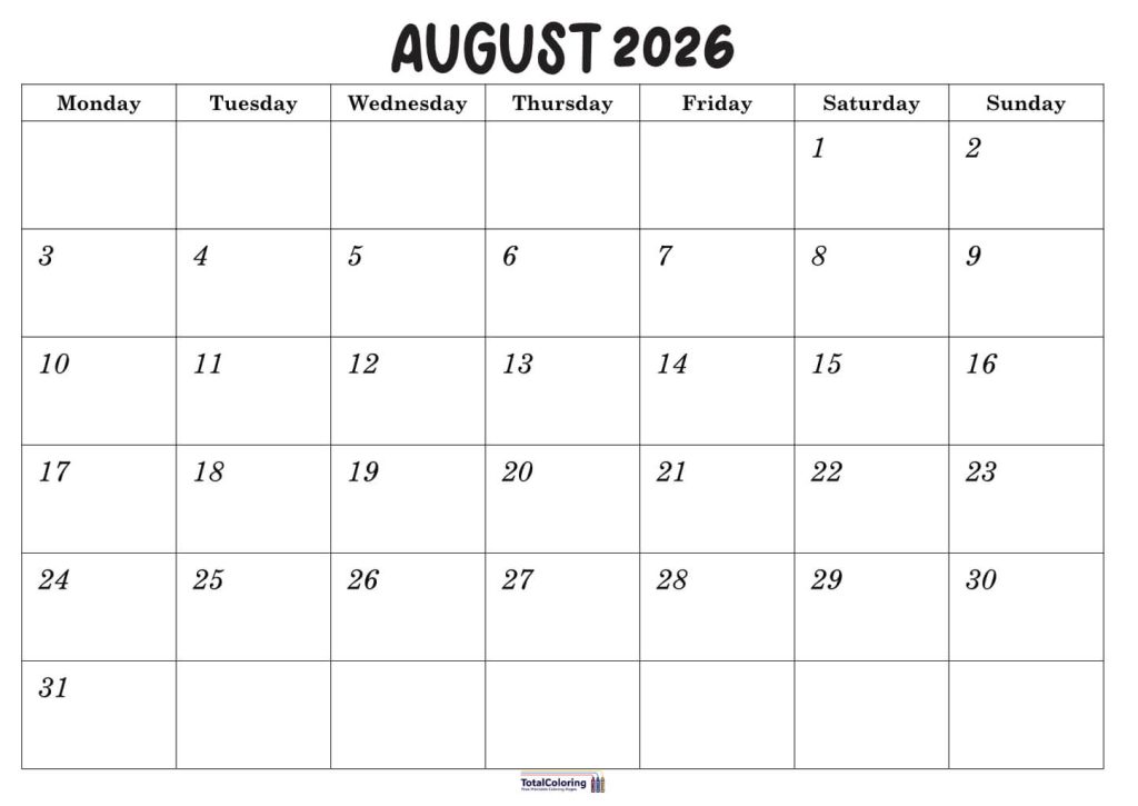 Printable August calendar