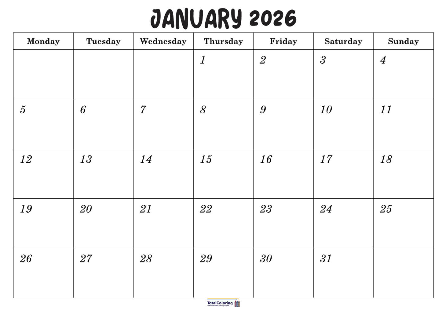 Printable January calendar