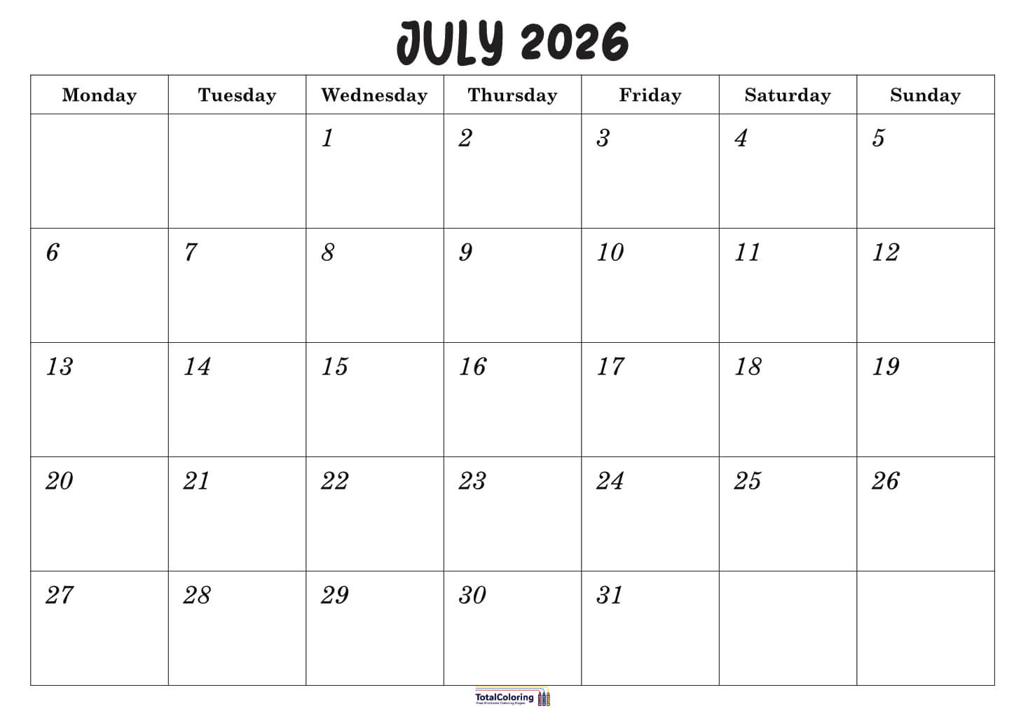 Printable July 2026 calendar
