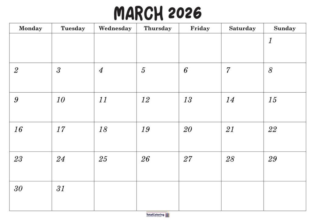 Printable March calendar