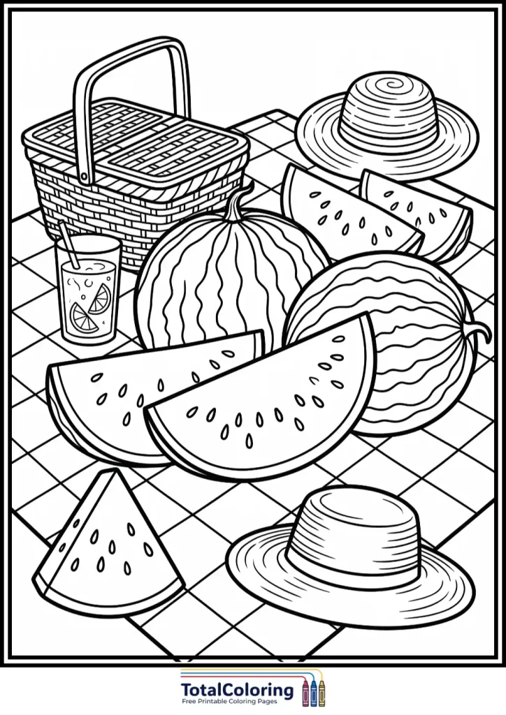 watermelon picnic basket coloring page for kids