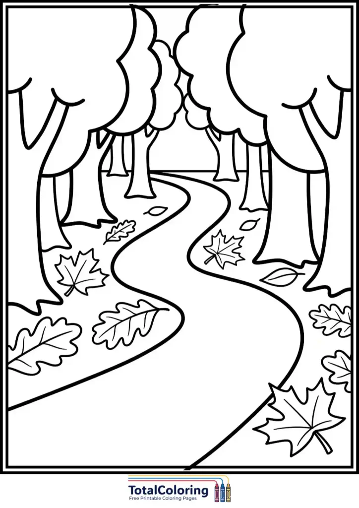 autumn forest path fallen leaves coloring page