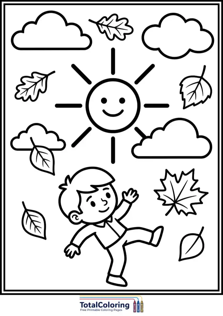 boy dancing fall sun leaves coloring page