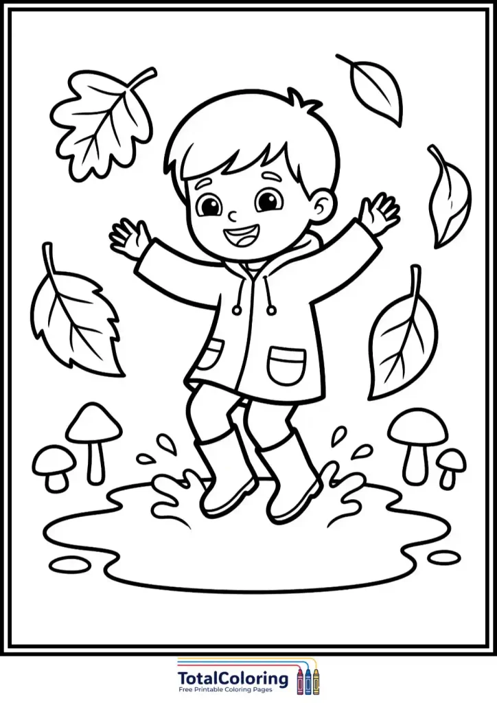 boy jumping in autumn puddle coloring page