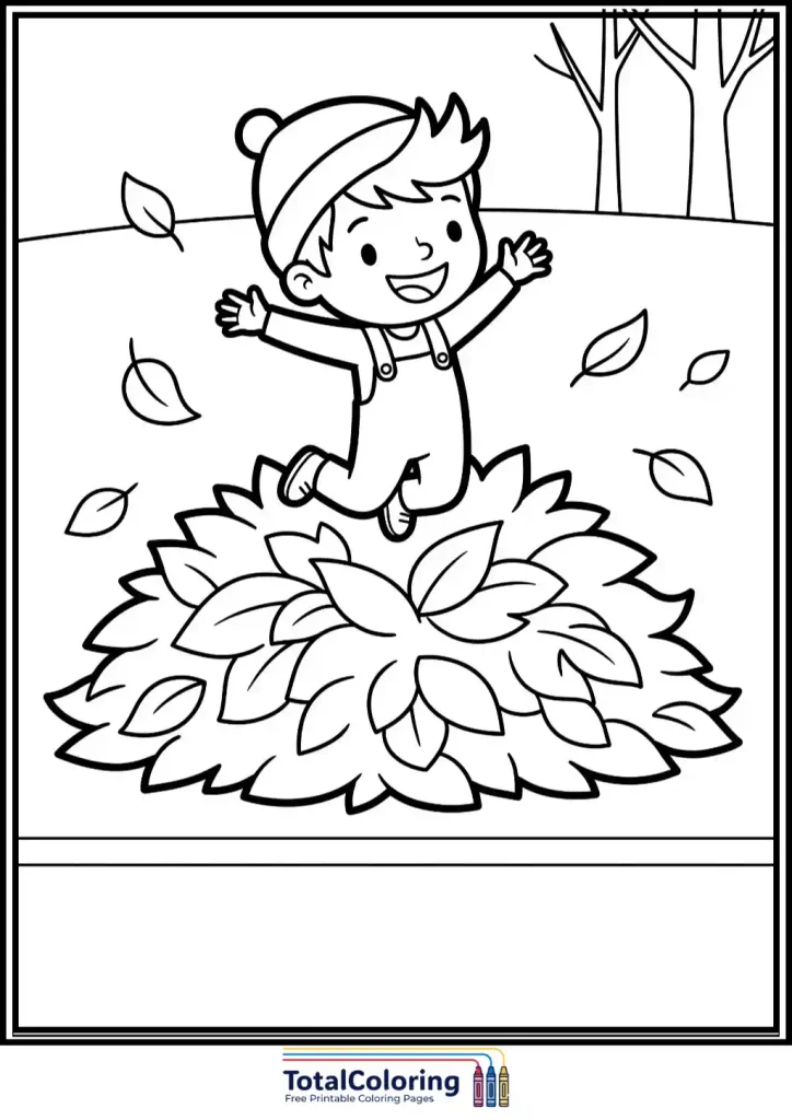 boy jumping in leaf pile coloring page