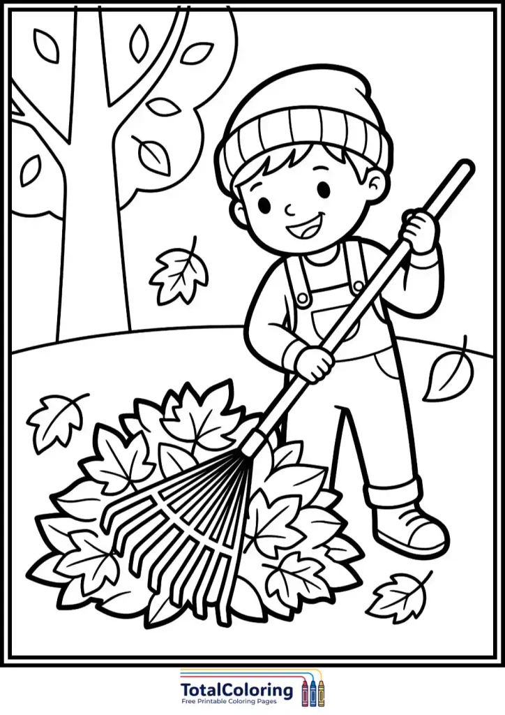 boy raking fall leaves coloring page