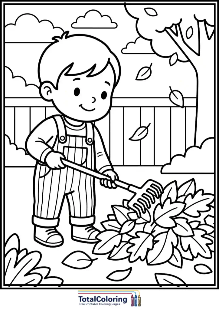 boy raking leaves backyard free printable
