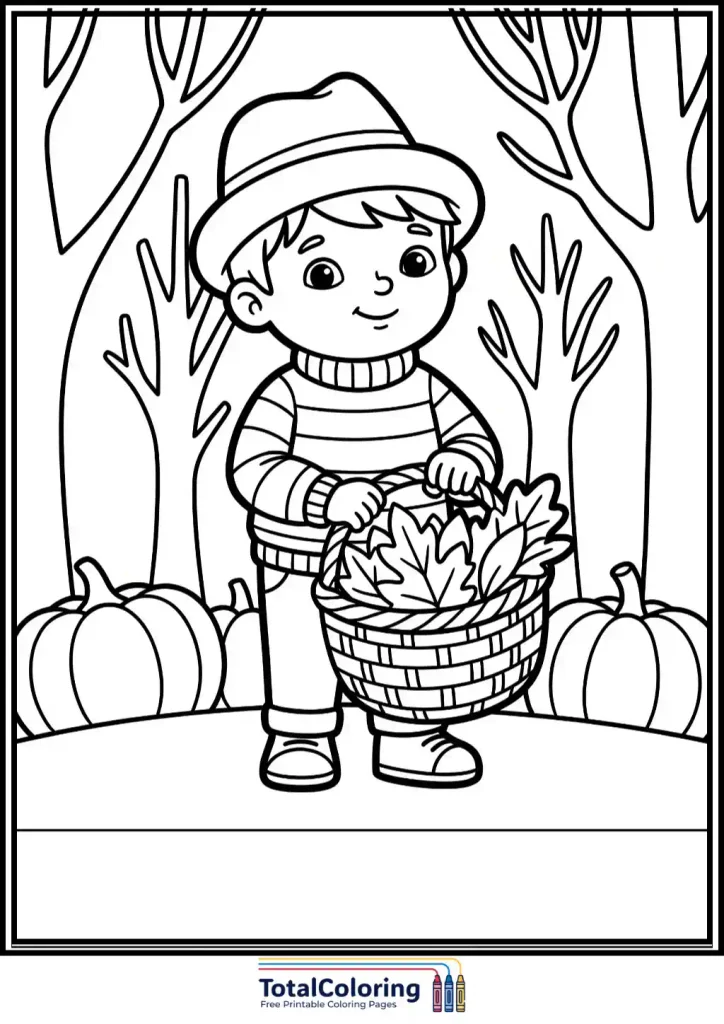boy with basket of leaves coloring page