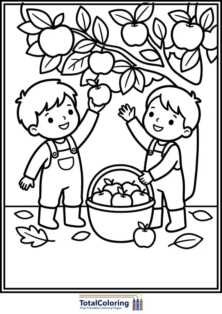 boys picking apples orchard coloring page