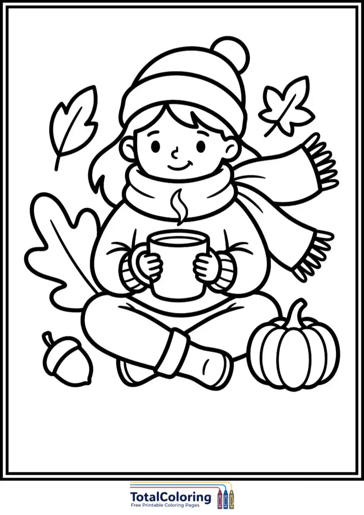 cozy girl with hot drink coloring page