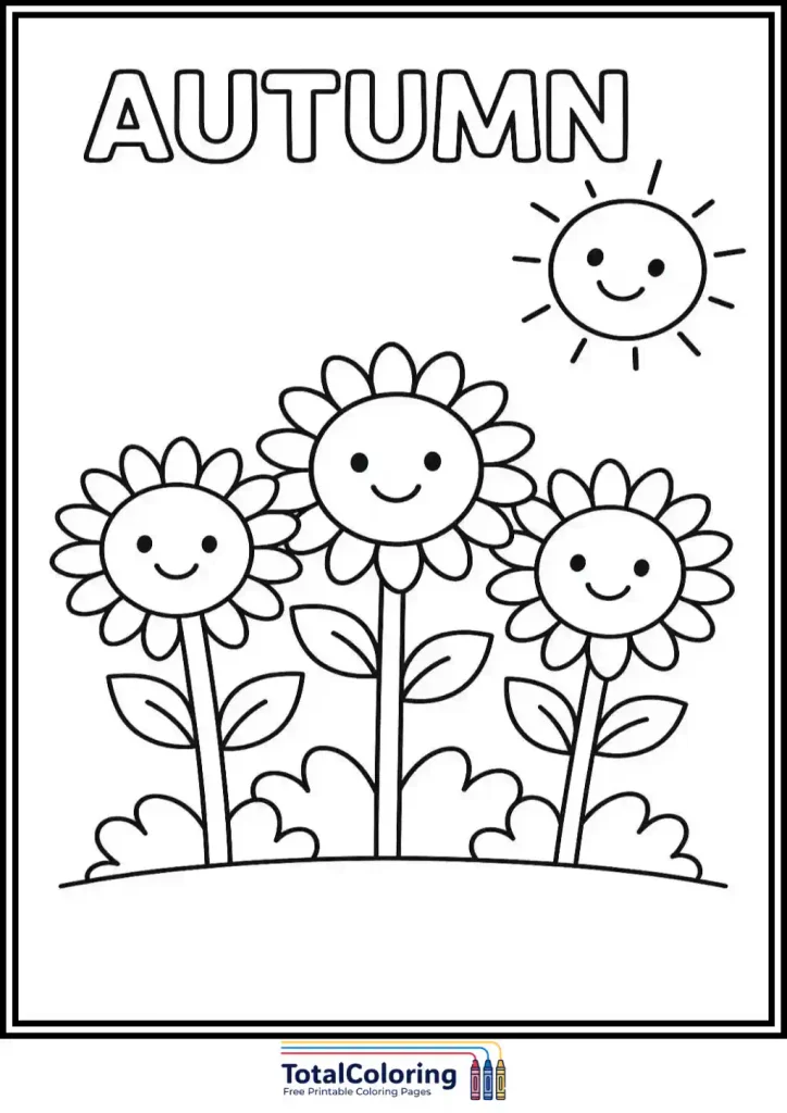 cute autumn sunflowers smiling coloring page