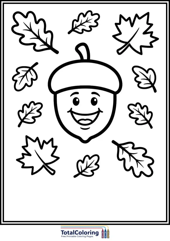 cute smiling acorn fall leaves coloring page