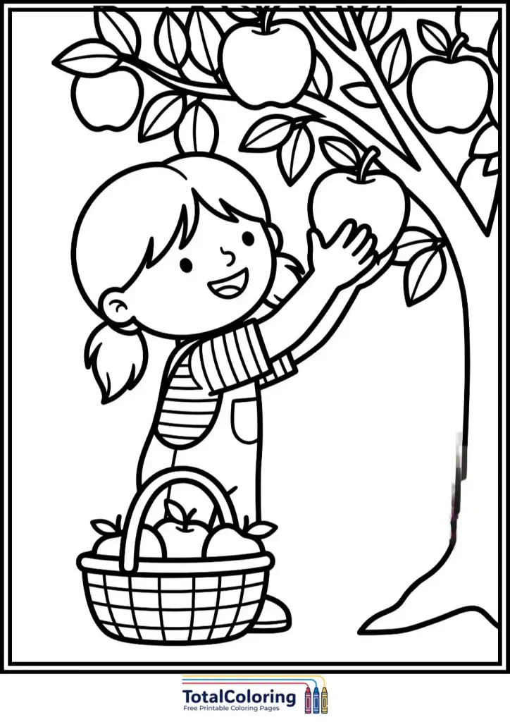 girl picking apples orchard coloring page