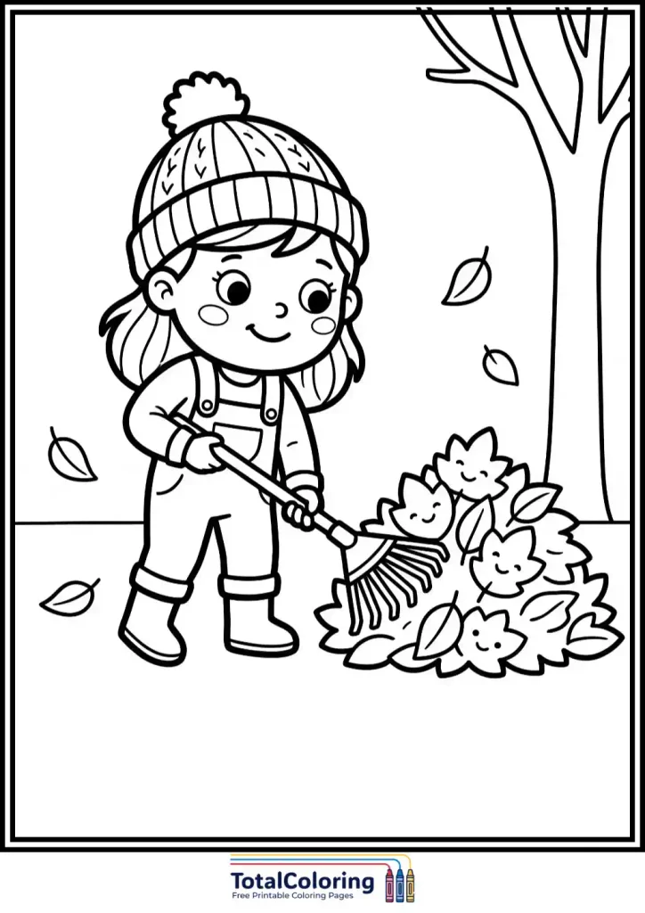 girl raking autumn leaves coloring page