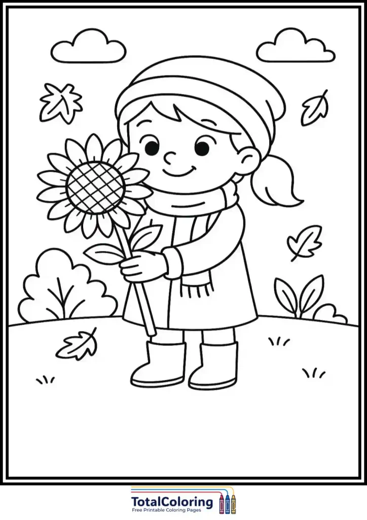 girl with sunflower autumn coloring page