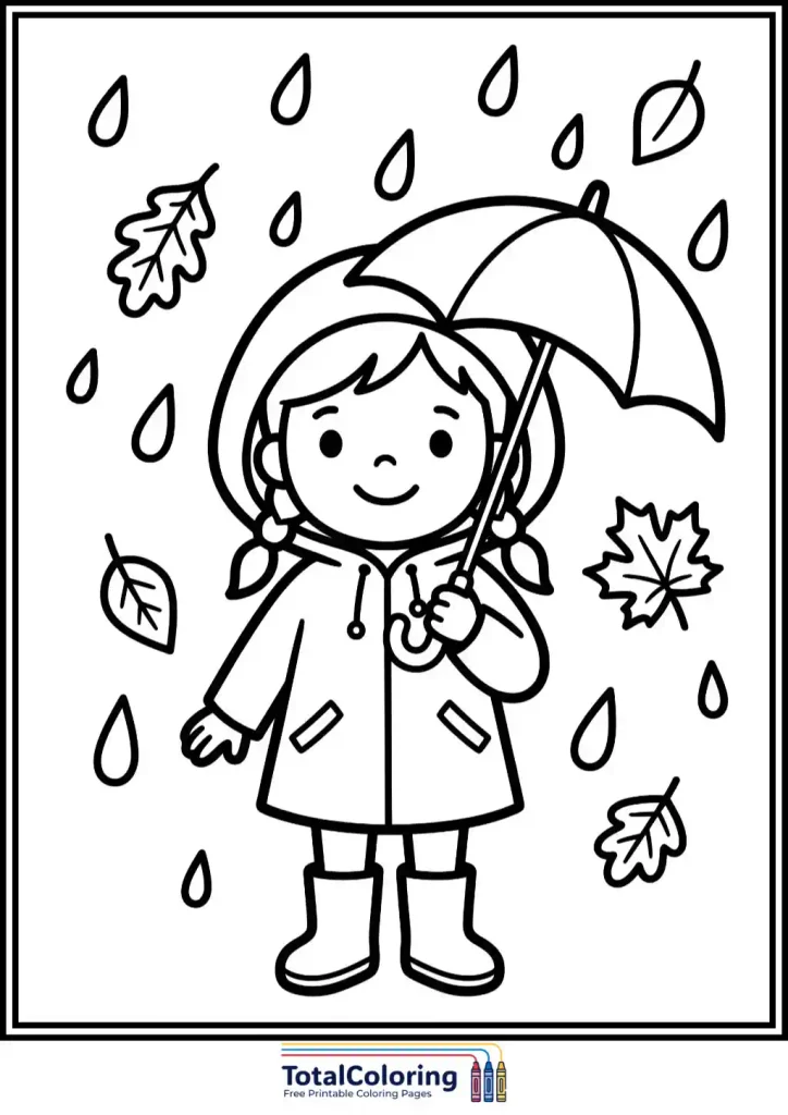 girl with umbrella autumn rain coloring page