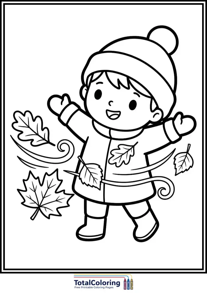 happy boy autumn wind leaves coloring page