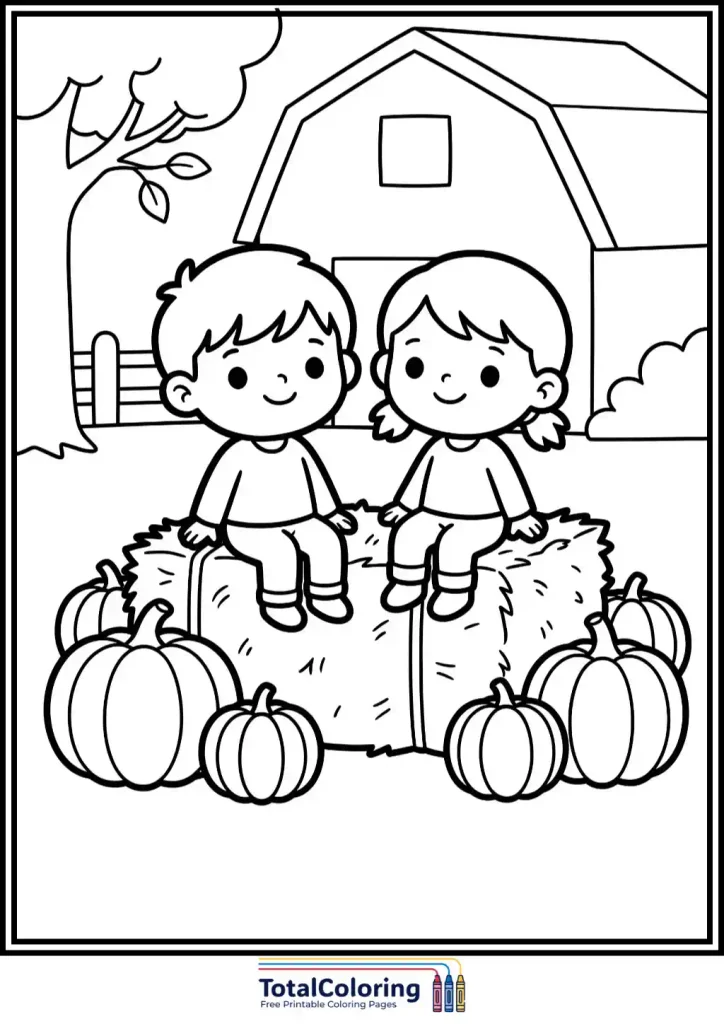 kids on hay bale pumpkins coloring page