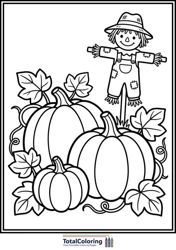 pumpkins and scarecrow fall coloring page